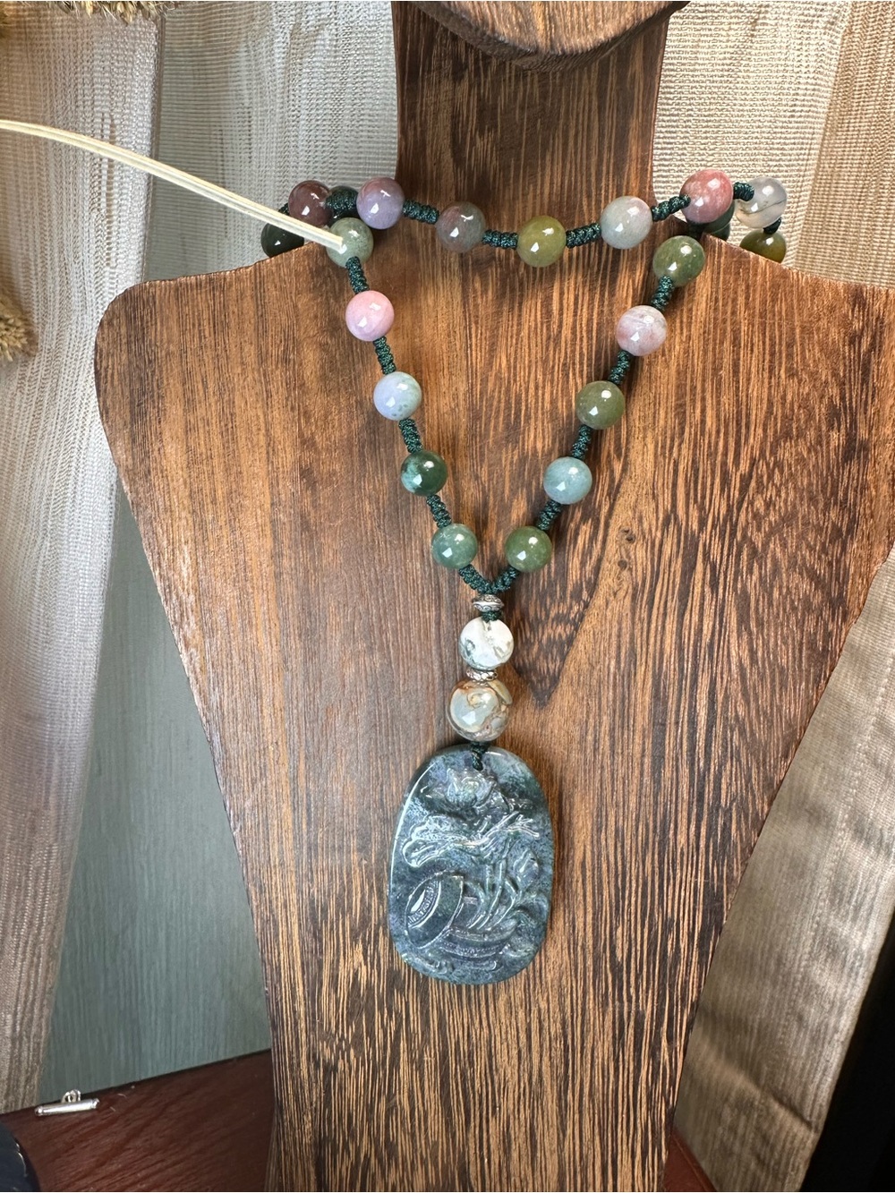Moss Agate Potted Flower Carving Pendant  Necklace on Colorful Beaded Rope - Picture 8 of 13